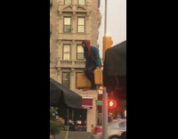 Spiderman costume blue jacket guy sits light