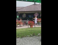 White hat grandma red purple flowers restaurant 