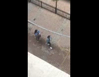 Girl denim jacket turn and pose pavement