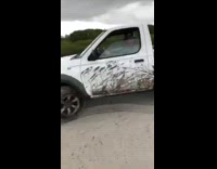 White truck mud drives donuts through dirt 
