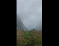 Car drives by mountain grass fog view