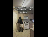 Guy gets caught in kitchen slides away 