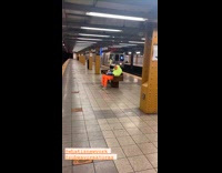 Guy orange pumpkin costume mask bench subway