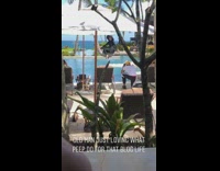 old man laughs at girl posing on palm tree