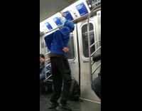 Collab Subway Creatures - Man blue hoodie dance in subway train