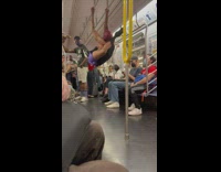 Spider man dance hang on train handrails