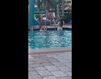 Mother take pictures daughter bikini hold on railings