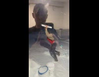 Girl outside in snow storm pizza 