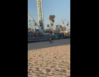 Girl bikini red robe kneel on beach