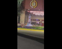 Man in green shirt selfie at the fountain statue