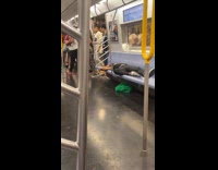 Collab Subway_Creatures - Two men lie down occupies train seats