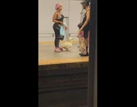 Girl white duck leash pink shoes subway