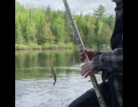 Guy with cigarette in mouth catches small fish and girl says wow 
