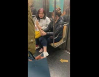 Girl casually holds fake hand on train