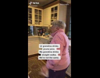 Pink jacket grandma drinks straight vodka 