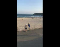 Guy blue tank top rail beach long hair ponytail 
