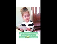 Little girl opens dog birthday card