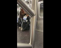 Girl does guys hair pink beanie subway 