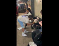 Woman cuts dog hair at train station part 3