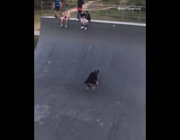 Big guy black shirt black short scooter drops into ramp faceplant fail