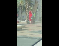 Lady in Red Dress Struggles to Fix Dress