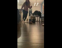 Girl runs squeaky toy puppy bumps camera