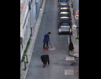 Man poses with mop middle of street