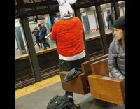 Pt. 1 New York subway Rabbit man wearing The Incredibles shirt records himself singing about rollercoasters