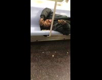 Collab Subway Creatures - Man eats food in euphoria and spills crumbs while laying on subway seats
