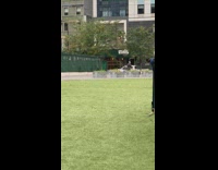 Man golfs in public grass area in city