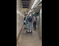 Guy and bird ride segway 