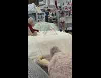 Old Woman blue shirt play stuff toy bunny