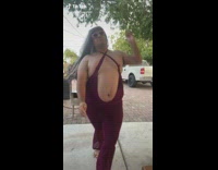 Guy in womans dress dancing to music steal chicken nuggets from filmer