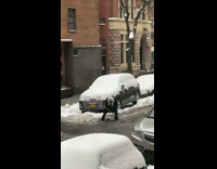 Guy uses mop to shovel snow 