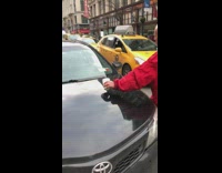 Street beggar shakes coin cup in front of car in the middle of the street