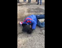 Guy jumps off truck, slams body onto table, falls down and scorpions hard on the ground