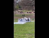 Weird people perform under stringy cloth park