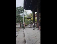 Woman fur outfit poses outside the temple