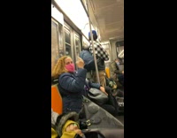 Bird stands in bag pack of man inside train at NYC  