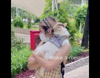 Yellow shirt girl holds carries cat park