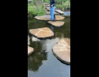 Woman and puppy hopping on pond stepping stones