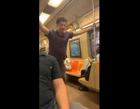 Collab Subway Creatures - Man holds handrails to flip in train