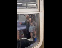 Collab Subway Creatures - Man kneel in train dildo on head