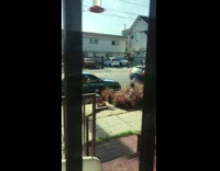 Woman violet crop top photo shoot bushes front yard