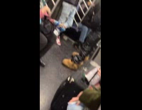 Man ride train wear brown fur boots