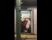 target cart full of trash bags on subway car
