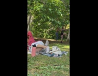 Two girls workout video picnic park tripod part 3