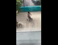 Man hold bag walk and dance street