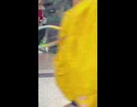 Woman take pictures small dog on suitcase airport