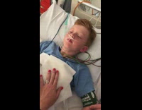 Collab FunBestVids - boy in blue shirt red hair in hospital bed talking about kylie jenner